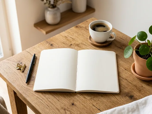 Open notebook and coffee on a wood desk