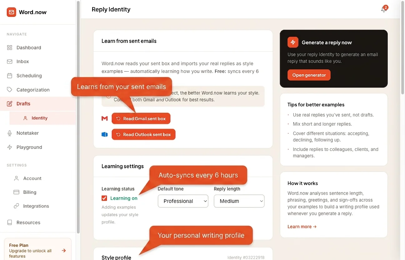 Word.now reply identity settings showing writing style profile with formality, warmth, and directness scores