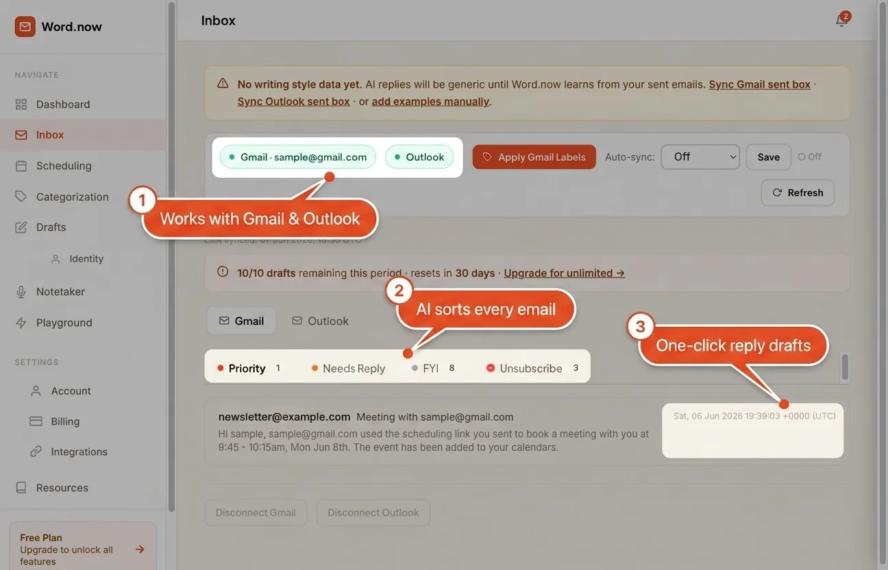 Word.now inbox organizer helping an operations manager triage email