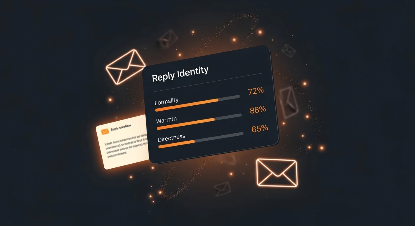 Reply identity dashboard showing Formality, Warmth and Directness scores