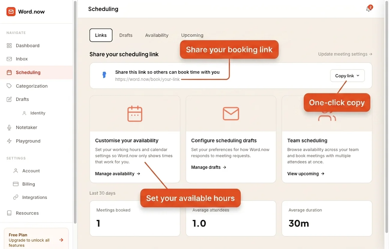 Word.now scheduling dashboard showing a booking link, weekly availability grid, and calendar sync status
