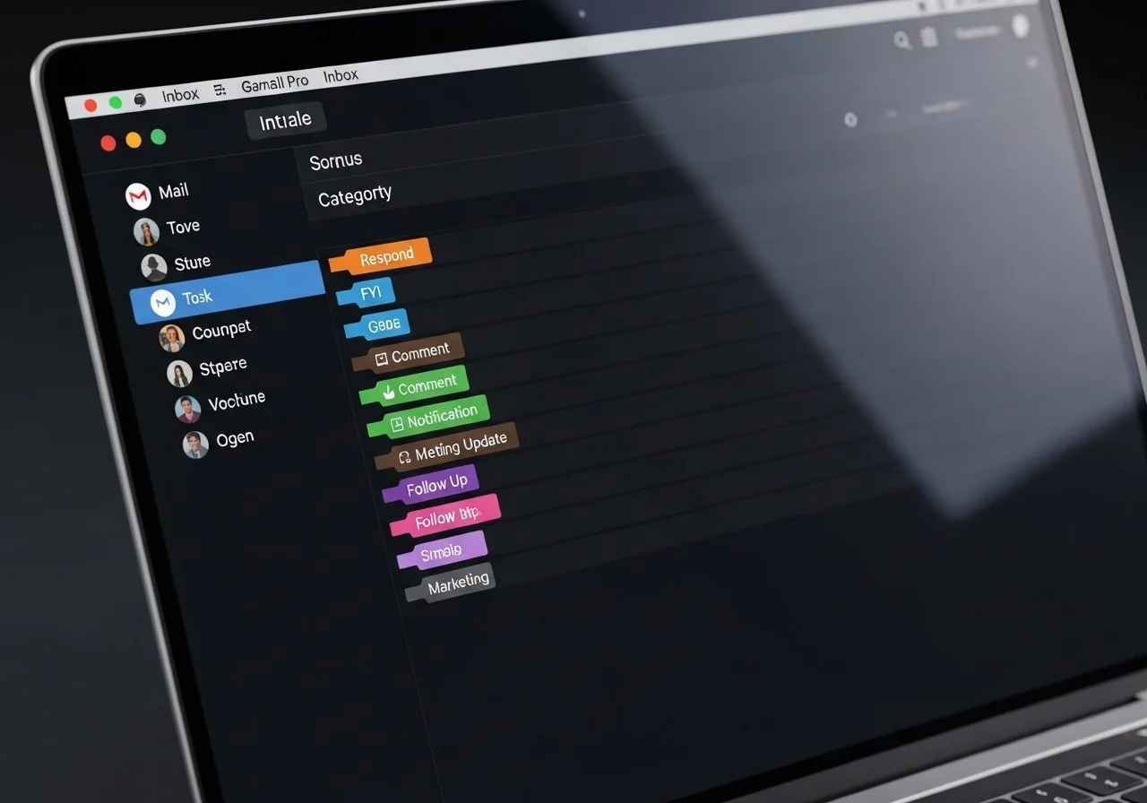 MacBook Pro screen showing Gmail inbox with Word.now color-coded category labels