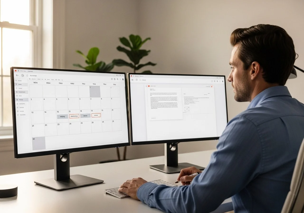 Professional calmly scheduling meetings from a clean desk setup