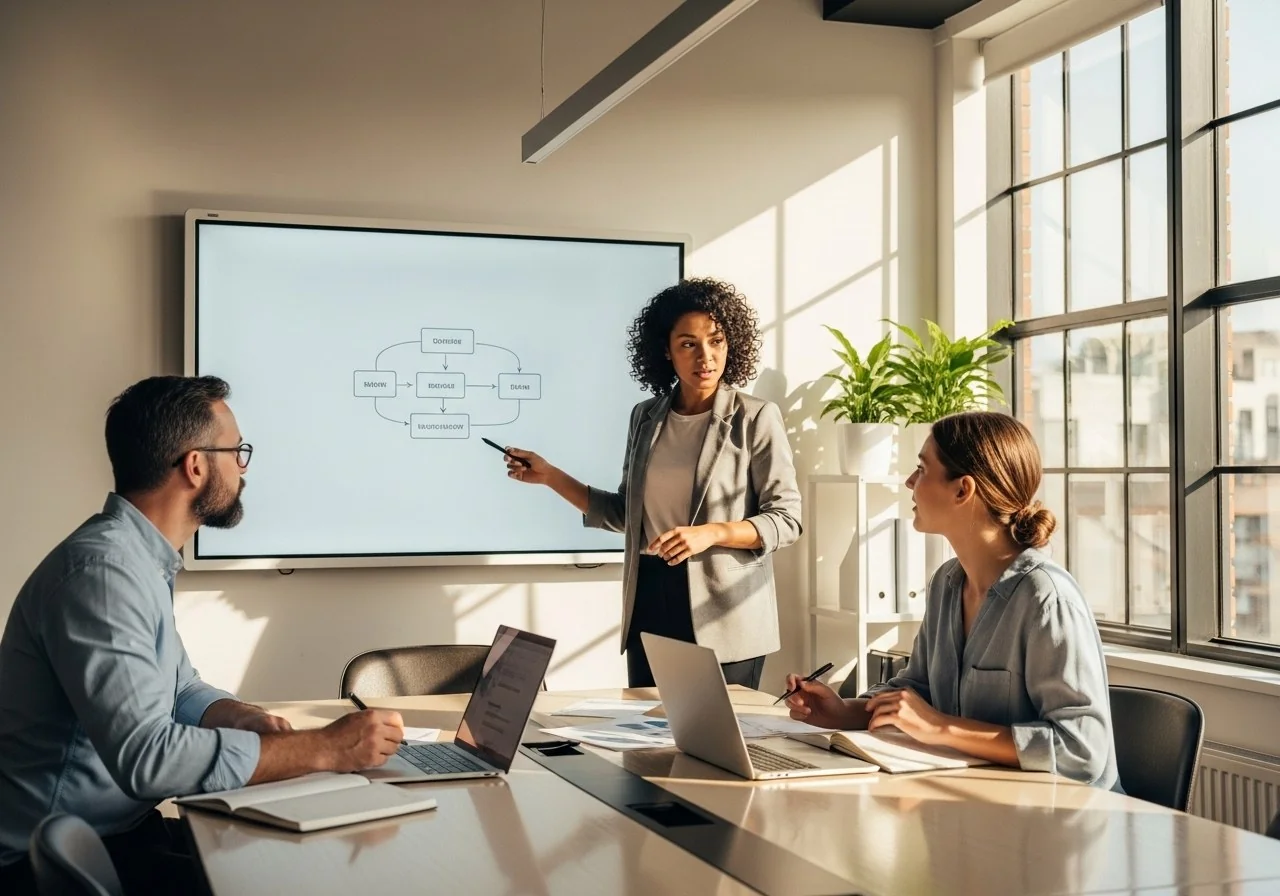 Team collaborating in a meeting room, Word.now generates the notes automatically